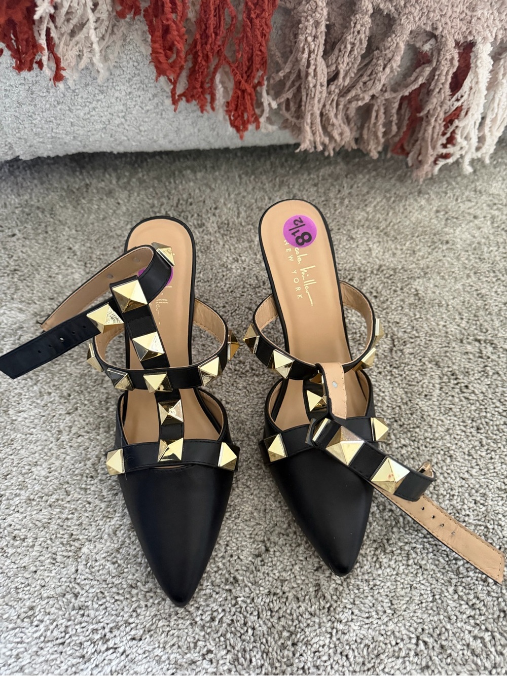 Nicole Miller Black Pointed-Toe Strappy Mules with Gold Pyramid Studs